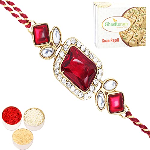 Ghasitaram Gifts Rakhi for Brother Rakhis Online- J-3506 Rectangle Jewel Rakhi with 200 GMS of Soan Papdi von Ghasitaram Gifts