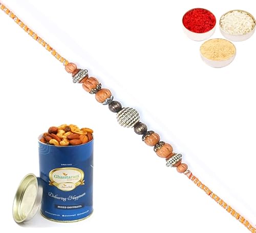 Ghasitaram Gifts Rakhi for Brother Rakhis Online - L-1 Fancy Thread Rakhi with 100 gms of Dryfruits Mix Can von Ghasitaram Gifts