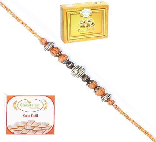 Ghasitaram Gifts Rakhi for Brother Rakhis Online - L-1 Fancy Thread Rakhi with 200 gms of Kaju katli and 200 gms of Soan Papdi von Ghasitaram Gifts