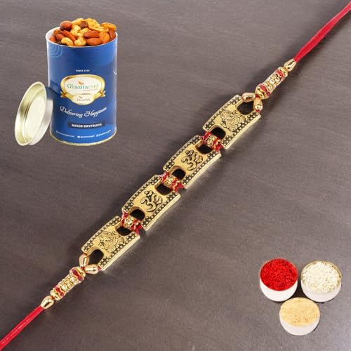 Ghasitaram Gifts Rakhi for Brother Rakhis Online LD-5817 Om Ganesha Bracelet Rakhi with 100 gms of Dryfruits Mix Can von Ghasitaram Gifts