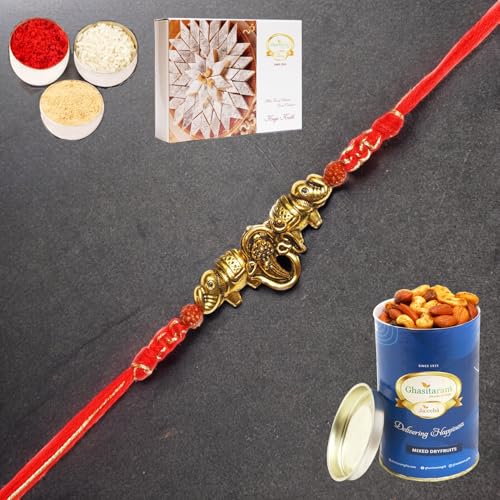 Ghasitaram Gifts Rakhi for Brother Rakhis Online - LD-84 Om Ganesha Rakhi with 100 gms of Dryfruits Mix Can 200 gms of Kaju katli von Ghasitaram Gifts