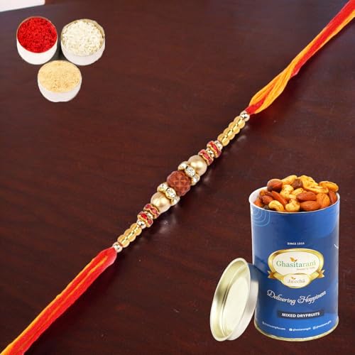 Ghasitaram Gifts Rakhi for Brother Rakhis Online Nbh-252- Rudraksh Rakhi with 100 gms of Dryfruits Mix Can von Ghasitaram Gifts