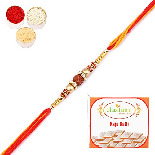 Ghasitaram Gifts Rakhi for Brother Rakhis Online - Nbh-252- Rudraksh Rakhi with 400 gms of Kaju katli von Ghasitaram Gifts