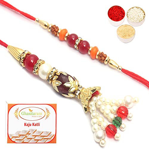 Ghasitaram Gifts Rakhi for Brother Rakhis Online - Pearly Possesion Bhaiya Bhabhi Rakhi with 400 GMS of Kaju katli von Ghasitaram Gifts