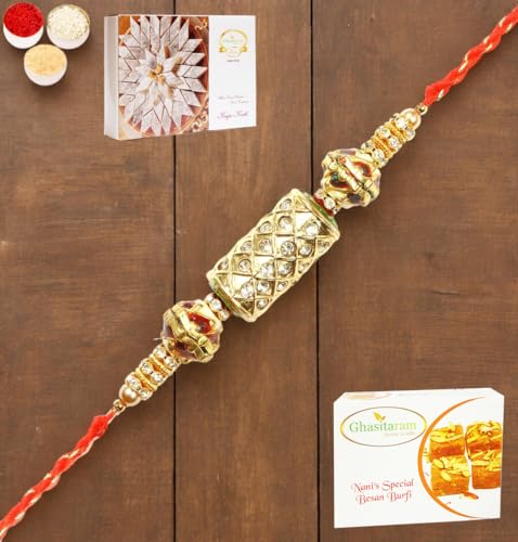 Ghasitaram Gifts Rakhi for Brother Rakhis Online - RM-579 PremiumRakhi with 200 GMS of Besan Barfi and 200 GMS of Kaju Katli von Ghasitaram Gifts