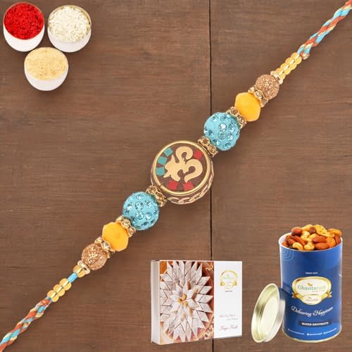 Ghasitaram Gifts Rakhi for Brother Rakhis Online - RM572 - Blue Om Bracelet Rakhi with 100 gms of Dryfruits Mix Can 200 gms of Kaju katli von Ghasitaram Gifts