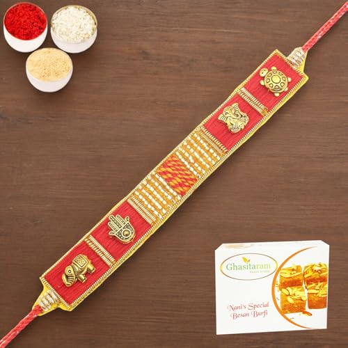 Ghasitaram Gifts Rakhi for Brother Rakhis Online - RM600 - Red Traditional Bracelet Rakhi with 400 gms of Besan Barfi von Ghasitaram Gifts