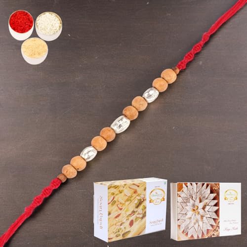 Ghasitaram Gifts Rakhi for Brother Rakhis Online - Rs-107 Rakhi Thread with 200 gms of Kaju katli and 200 gms of Soan Papdi von Ghasitaram Gifts