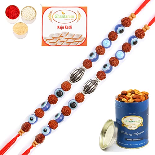 Ghasitaram Gifts Rakhi for Brother Rakhis Online Set of 2-1752- Rudraksh Rakhi with 100 gms of Dryfruits Mix Can 200 gms of Kaju katli von Ghasitaram Gifts