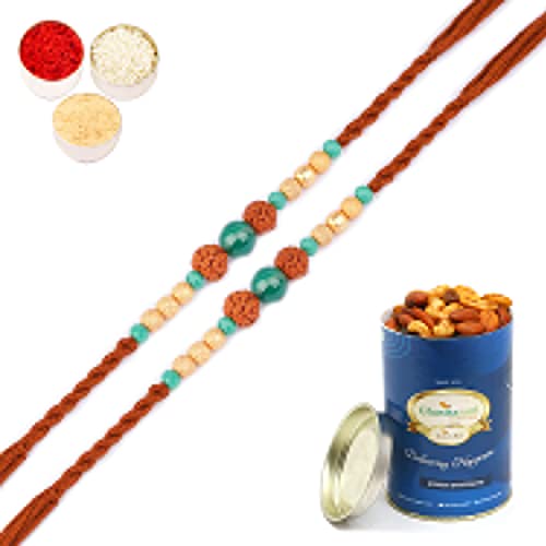 Ghasitaram Gifts Rakhi for Brother Rakhis Online Set of 2-1891- Rudraksh Rakhi with 100 gms of Dryfruits Mix Can von Ghasitaram Gifts