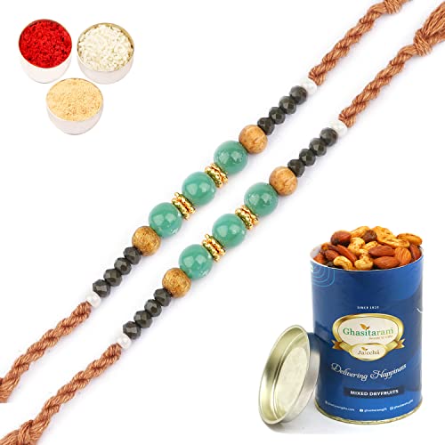 Ghasitaram Gifts Rakhi for Brother Rakhis Online - Set of 2-1897 Fancy Thread Rakhi with 100 gms of Dryfruits Mix Can von Ghasitaram Gifts