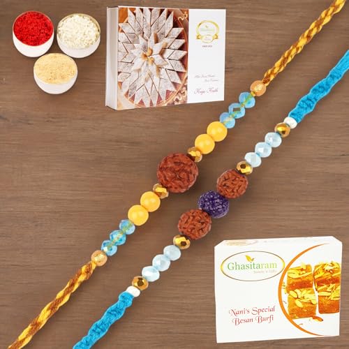 Ghasitaram Gifts Rakhi for Brother Rakhis Online - Set of 2-1906 and 1907 Rudraksh Rakhis with 200 gms of Besan Barfi and 200 gms of Kaju Katli von Ghasitaram Gifts