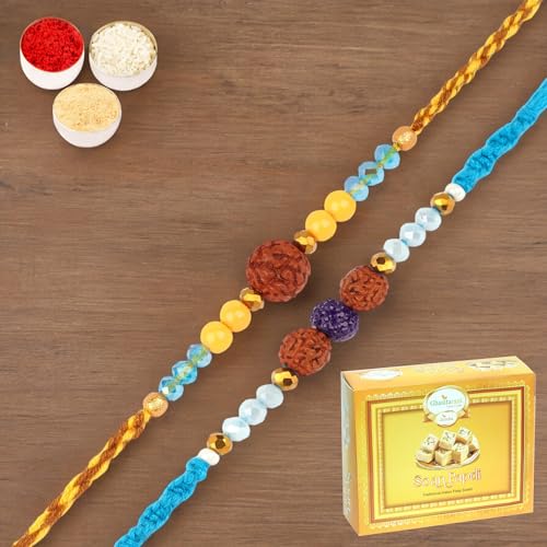 Ghasitaram Gifts Rakhi for Brother Rakhis Online - Set of 2-1906 and 1907 Rudraksh Rakhis with 400 gms of Soan Papdi von Ghasitaram Gifts