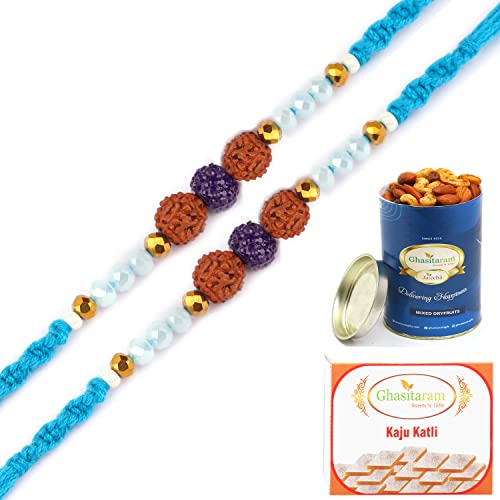 Ghasitaram Gifts Rakhi for Brother Rakhis Online Set of 2-1907- Rudraksh Rakhi with 100 gms of Dryfruits Mix Can 200 gms of Kaju katli von Ghasitaram Gifts