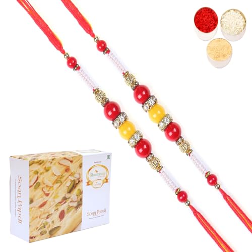 Ghasitaram Gifts Rakhi for Brother Rakhis Online - Set of 2-2K-266 Fancy Thread Rakhis with 400 gms of Soan Papdi von Ghasitaram Gifts