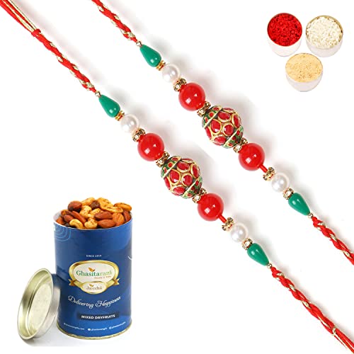 Ghasitaram Gifts Rakhi for Brother Rakhis Online - Set of 2-2K-268 Fancy Thread Rakhis with 100 gms of Dryfruits Mix Can von Ghasitaram Gifts