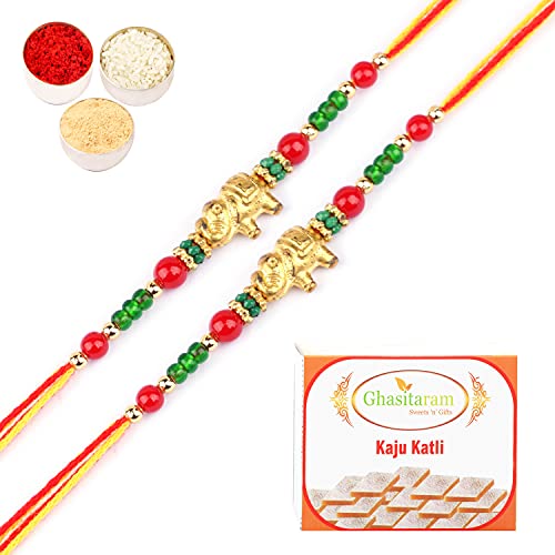 Ghasitaram Gifts Rakhi for Brother Rakhis Online - -Set of 2-6043 Rakhi Thread with 200 gms of Kaju katli von Ghasitaram Gifts