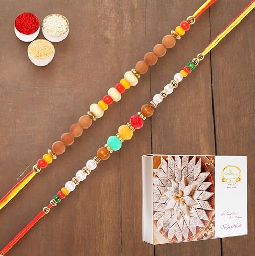 Ghasitaram Gifts Rakhi for Brother Rakhis Online - Set of 2 6045, 6082 Rakhi Threads with 200 gms of Kaju katli von Ghasitaram Gifts