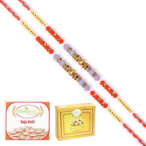 Ghasitaram Gifts Rakhi for Brother Rakhis Online - Set of 2-6497 Fancy Thread Rakhi with 200 gms of Kaju katli and 200 gms of Soan Papdi von Ghasitaram Gifts