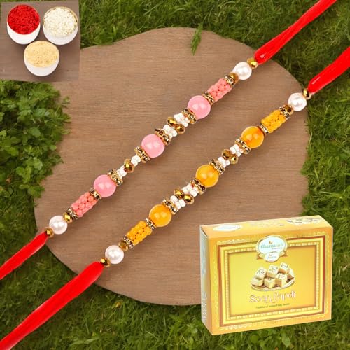 Ghasitaram Gifts Rakhi for Brother Rakhis Online - Set of 2-6511A Rakhis with 400 gms of Soan Papdi von Ghasitaram Gifts