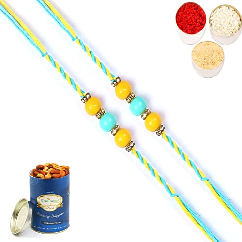 Ghasitaram Gifts Rakhi for Brother Rakhis Online - Set of 2-6562 Fancy Thread Rakhis with 100 gms of Dryfruits Mix Can von Ghasitaram Gifts