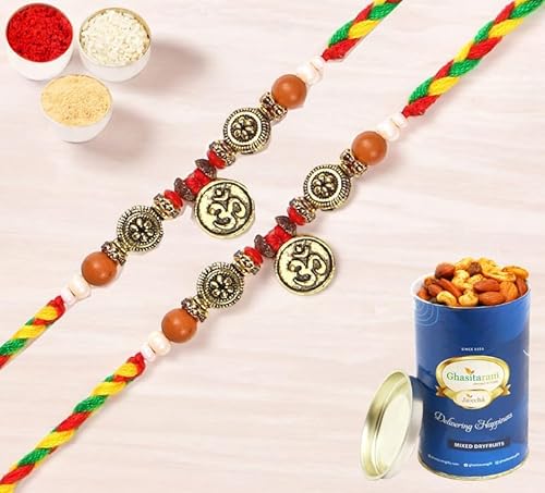 Ghasitaram Gifts Rakhi for Brother Rakhis Online - Set of 2-6571 Om Rakhis with 100 gms of Dryfruits Mix Can von Ghasitaram Gifts