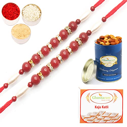 Ghasitaram Gifts Rakhi for Brother Rakhis Online- Set of 2-666 Fancy Thread Rakhi with 100 gms of Dryfruits Mix Can 200 gms of Kaju katli von Ghasitaram Gifts