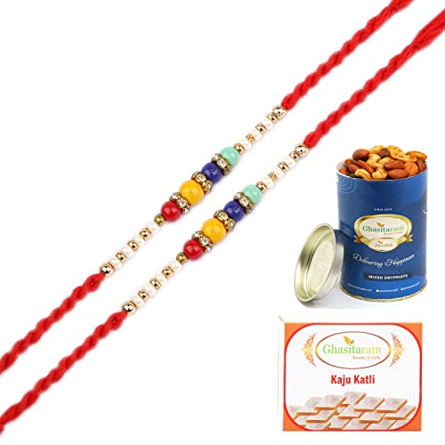 Ghasitaram Gifts Rakhi for Brother Rakhis Online - Set of 2-6751 Pearl Rakhi For my Brother with 100 gms of Dryfruits Mix Can 200 gms of Kaju katli von Ghasitaram Gifts