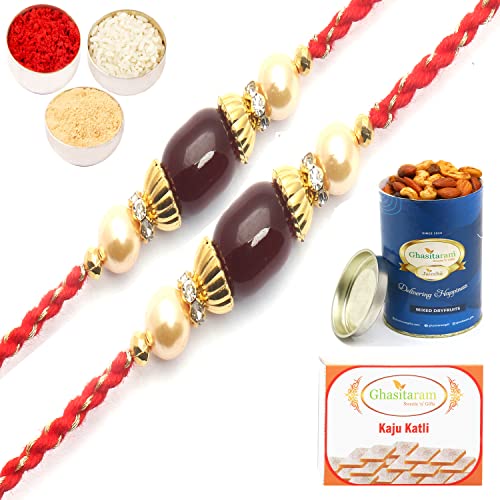 Ghasitaram Gifts Rakhi for Brother Rakhis Online-Set of 2-6794 fancy Thread Rakhi with 100 gms of Dryfruits Mix Can 200 gms of Kaju katli von Ghasitaram Gifts