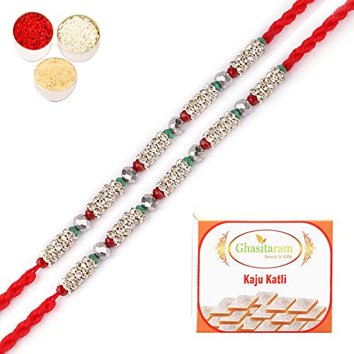 Ghasitaram Gifts Rakhi for Brother Rakhis Online - Set of 2-7077 Fancy Thread Rakhi with 400 gms of Kaju katli von Ghasitaram Gifts