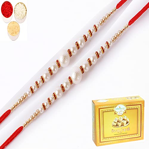 Ghasitaram Gifts Rakhi for Brother Rakhis Online -Set of 2-7736 Pearl Rakhi For my Brother with 400 gms of Soan Papdi von Ghasitaram Gifts