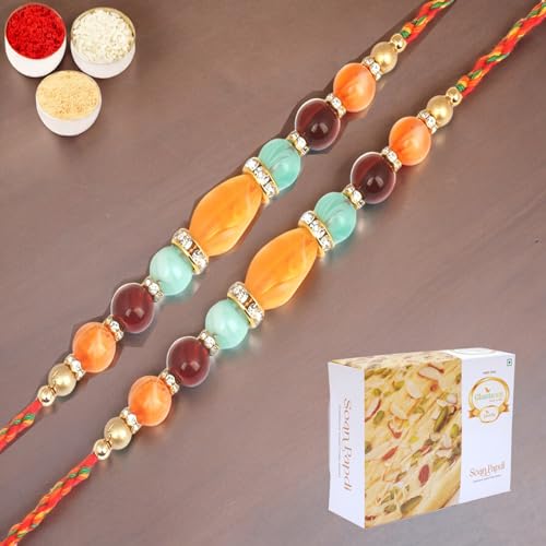 Ghasitaram Gifts Rakhi for Brother Rakhis Online - Set of 2-8650 Fancy Thread Rakhi with 400 gms of Soan Papdi von Ghasitaram Gifts