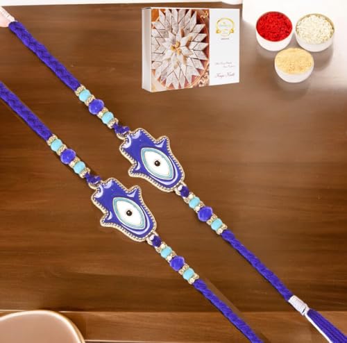 Ghasitaram Gifts Rakhi for Brother Rakhis Online - Set of 2-8931 Evil Eye Fancy Thread Rakhis with 200 gms of Kaju katli von Ghasitaram Gifts