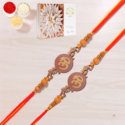 Ghasitaram Gifts Rakhi for Brother Rakhis Online- Set of 2- BW-5410 Wooden Om Rakhi with 200 gms of Kaju katli von Ghasitaram Gifts