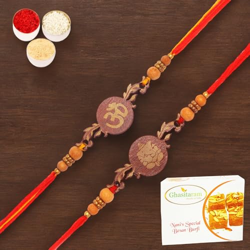 Ghasitaram Gifts Rakhi for Brother Rakhis Online - Set of 2 BW-5410 and BW-5414 Om Ganesh Divine Rakhis with 400 gms of Besan Barfi von Ghasitaram Gifts