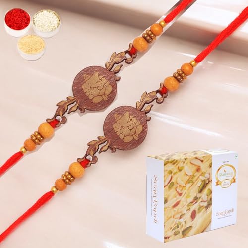 Ghasitaram Gifts Rakhi for Brother Rakhis Online- Set of 2 - BW-5414 Wooden Ganesha Rakhi with 200 GMS of Soan Papdi von Ghasitaram Gifts