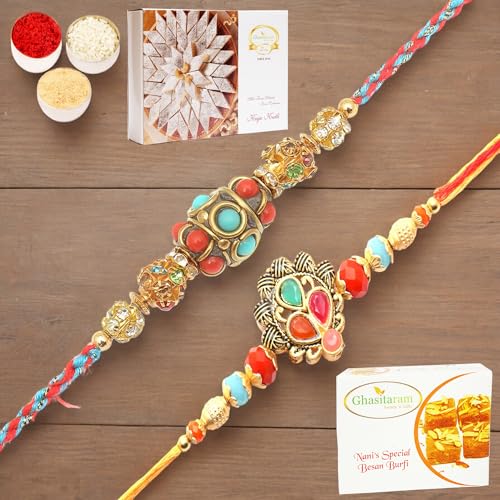 Ghasitaram Gifts Rakhi for Brother Rakhis Online - Set of 2 Beautiful Colours and Blue Ethnic Premium Rakhis with 200 gms of Besan Barfi and 200 gms of Kaju Katli von Ghasitaram Gifts