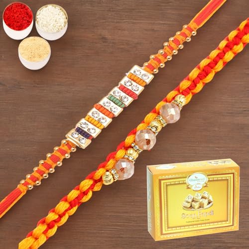 Ghasitaram Gifts Rakhi for Brother Rakhis Online - Set of 2 Glittering Thread and Multicolour Stone Premium Rakhis with 200 gms of Soan Papdi von Ghasitaram Gifts