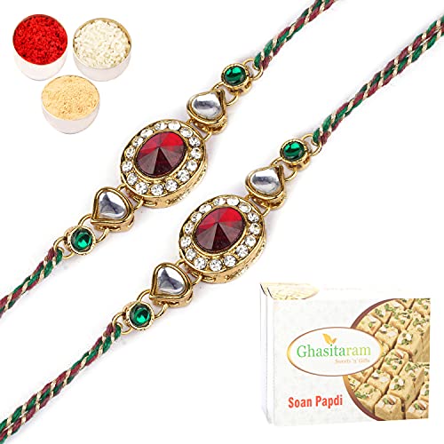 Ghasitaram Gifts Rakhi for Brother Rakhis Online - Set of 2 - J-33024 Oval Jewel Rakhi with 200 gms of Soan Papdi von Ghasitaram Gifts