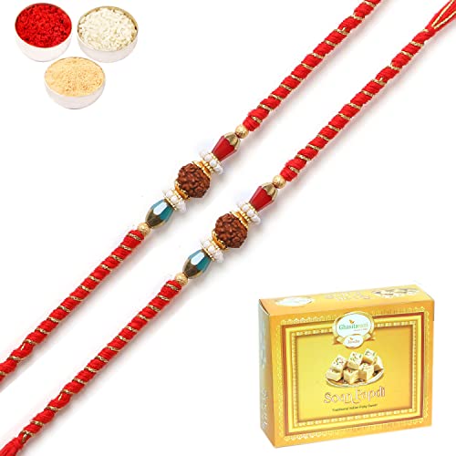 Ghasitaram Gifts Rakhi for Brother Rakhis Online Set of 2 - L-1 Rudraksh Rakhi with 200 gms of Soan Papdi von Ghasitaram Gifts