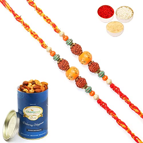 Ghasitaram Gifts Rakhi for Brother Rakhis Online Set of 2 - L-3 Rudraksh Rakhi with 100 gms of Dryfruits Mix Can von Ghasitaram Gifts