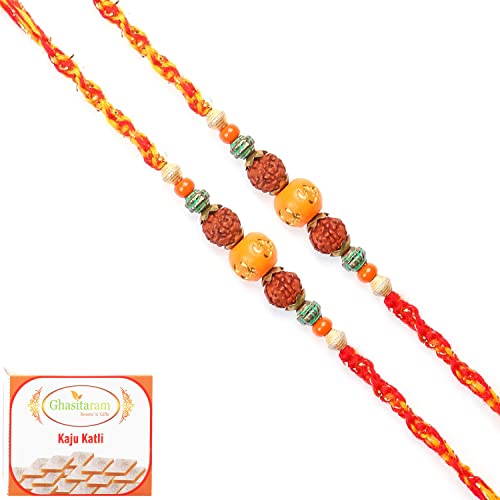 Ghasitaram Gifts Rakhi for Brother Rakhis Online Set of 2 - L-3 Rudraksh Rakhi with 400 gms of Kaju katli von Ghasitaram Gifts