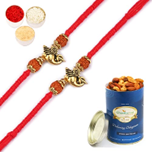 Ghasitaram Gifts Rakhi for Brother Rakhis Online - Set of 2 - LD-9017 Ganesha Rudraksh Rakhi with 100 gms of Dryfruits Mix Can von Ghasitaram Gifts