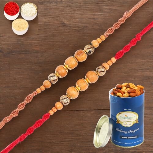 Ghasitaram Gifts Rakhi for Brother Rakhis Online - Set of 2-Nbh245 Rakhis with 100 gms of Dryfruits Mix Can von Ghasitaram Gifts