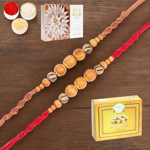 Ghasitaram Gifts Rakhi for Brother Rakhis Online - Set of 2-Nbh245 Rakhis with 200 gms of Kaju katli and 200 gms of Soan Papdi von Ghasitaram Gifts