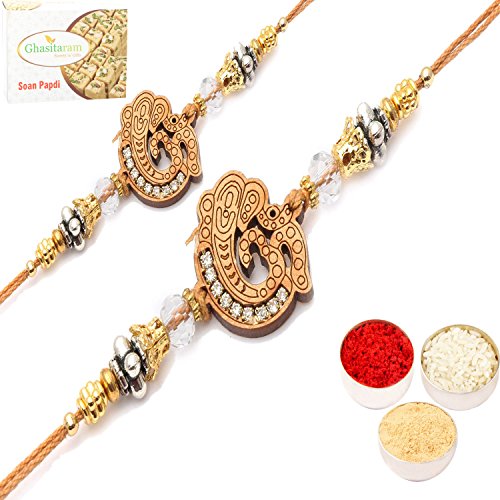 Ghasitaram Gifts Rakhi for Brother Rakhis Online - Set of 2 Om Ganeshay Diamond Ehnic Divine Rakhi with 200 gms of Soan Papdi von Ghasitaram Gifts