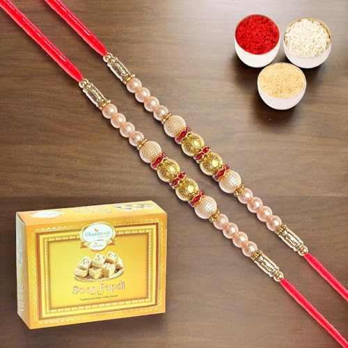 Ghasitaram Gifts Rakhi for Brother Rakhis Online - Set of 2 - Pearl Rakhi for My Brother with 200 GMS of Soan Papdi von Ghasitaram Gifts