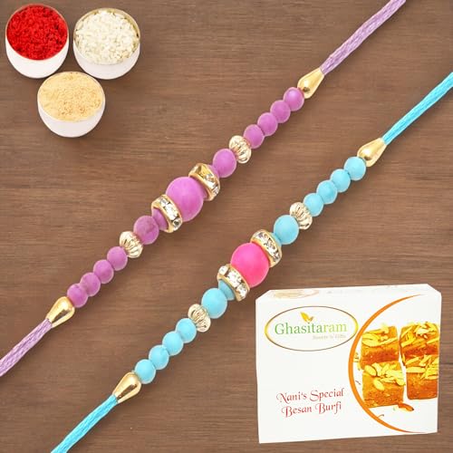 Ghasitaram Gifts Rakhi for Brother Rakhis Online - Set of 2- R022 Rakhis with 400 gms of Besan Barfi von Ghasitaram Gifts