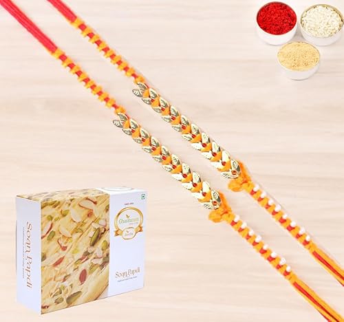 Ghasitaram Gifts Rakhi for Brother Rakhis Online - Set of 2 - RM-583 Fancy Thread Rakhis with 400 gms of Soan Papdi von Ghasitaram Gifts