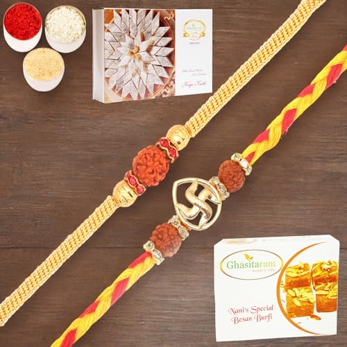 Ghasitaram Gifts Rakhi for Brother Rakhis Online - Set of 2 RM605 and R50016 Premium Rakhis with 200 gms of Besan Barfi and 200 gms of Kaju Katli von Ghasitaram Gifts